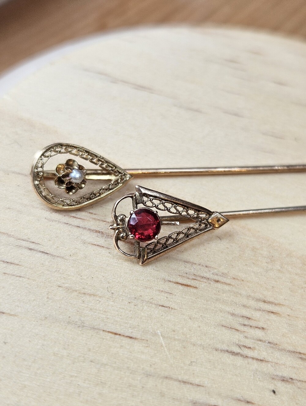 Victorian 12K And 10K Gold Stick Pins With Natural Stones Bundle